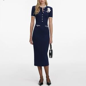 NWOT Self-Portrait Elegant Navy Blue Dress with White Accents, Size XS/S/M/L